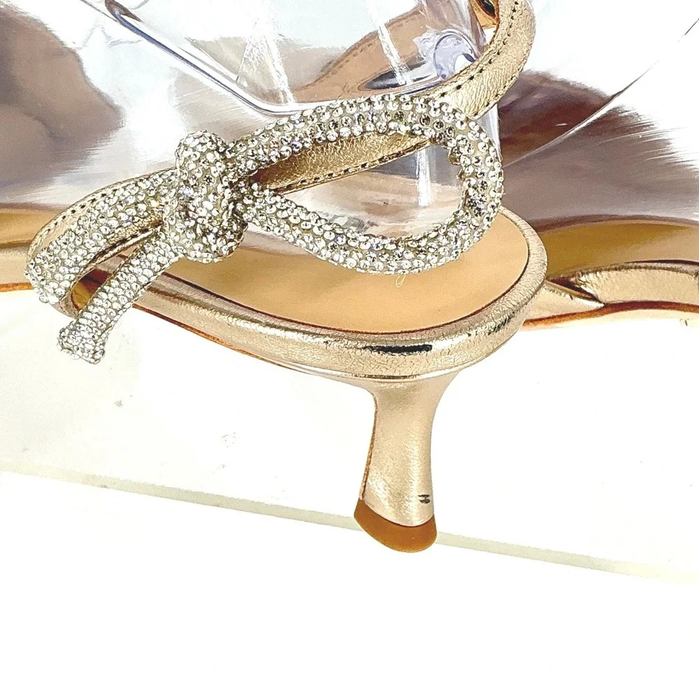 Badgley Mischka Size 8 Champagne Gold Leather Rhinestone Bow Kitten Heel NEW$255